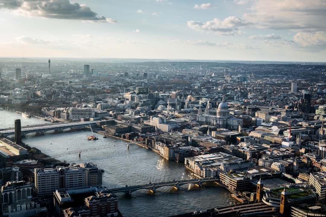 Elevated view of The City of London on a cloudy spring afternoon.